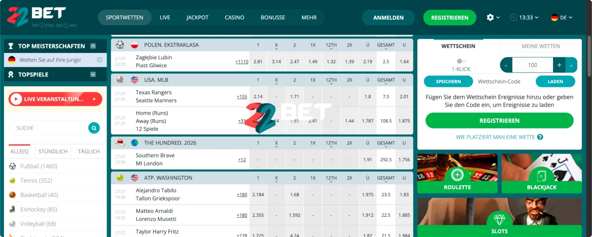 22Bet Wettquoten auf hohem Niveau